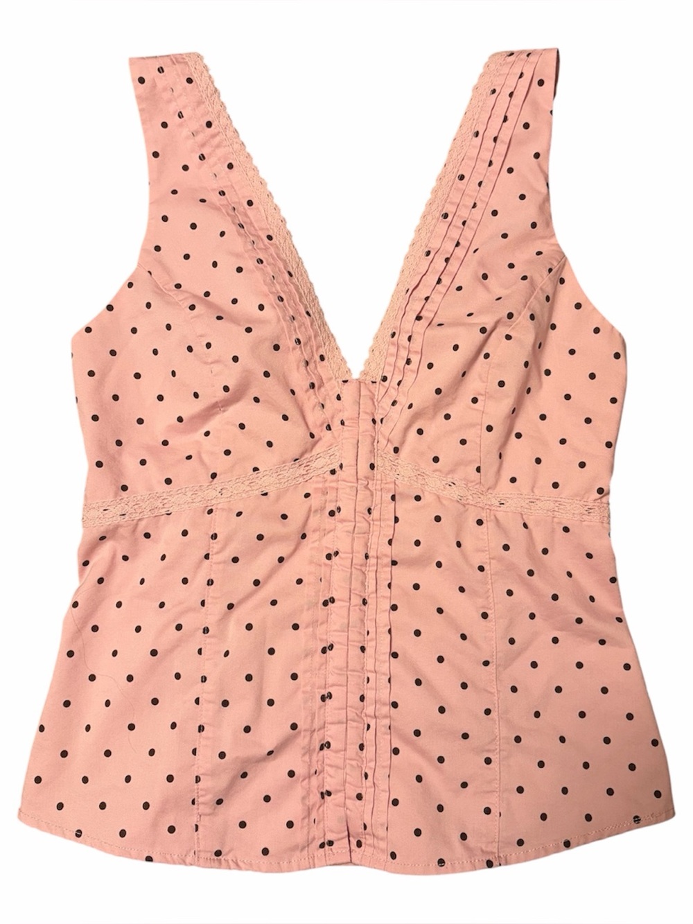 Hollister Pink Brown Polka Top V-Neck Lace Trim Cami Tank Top, Small